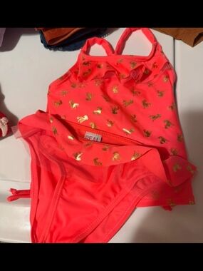 Real Love Neon Pink Gold Foil Unicorn 2 Piece Swimsuit Bikini Set 24M